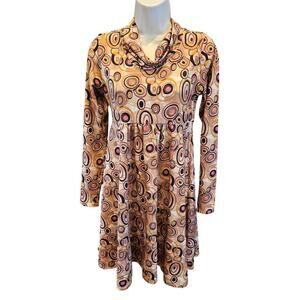 Isle sz S cowl neck geometric midi shift dress retro 90s long sleeve stretch fun